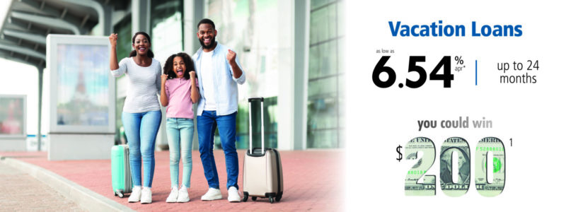 young family of three with two suitcases smiling and happy outside of airport terminal