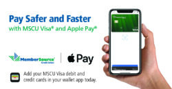 hand holding a cell phone with mscu credit and debit card images on the screen