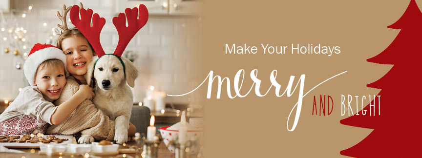 2023 no hassle hol loan small landing page banner young girl, boy and puppy wearing holiday hats and baking