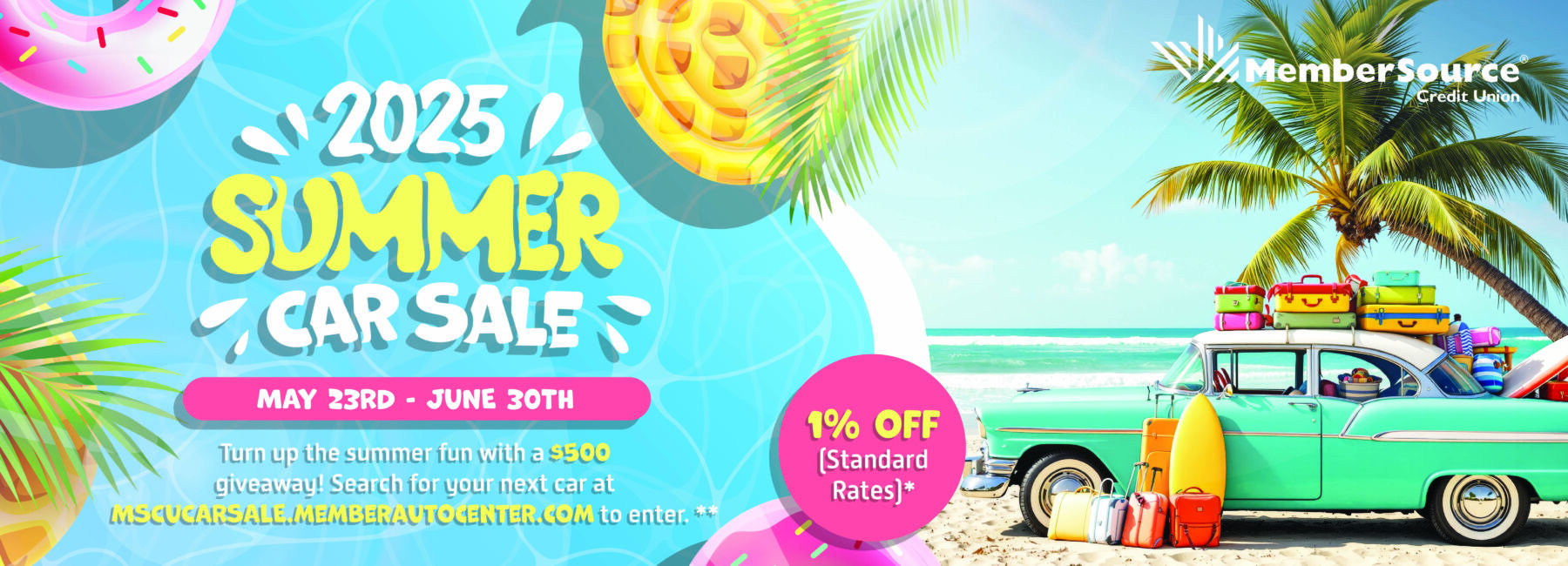 pool float graphic next to vintage car and luggage on beach